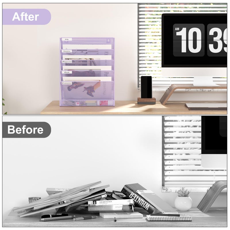 EasyPAG 5 Tier Wall File Holder, Mesh Hanging Folder Organizer with Classify Label, Versatile Desk File Holder, Vertical Wall Mounted Mail Organizer for Office Home Cubicle, Purple - Image 4